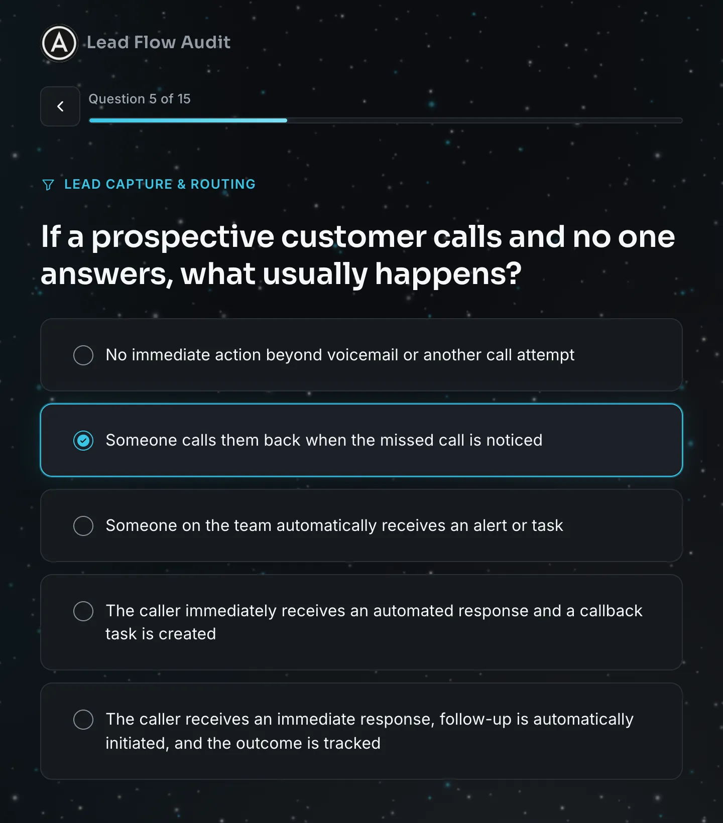 Lead Flow Audit question screen: “If a prospective customer calls and no one answers, what usually happens?”, with one answer selected, question 5 of 15.