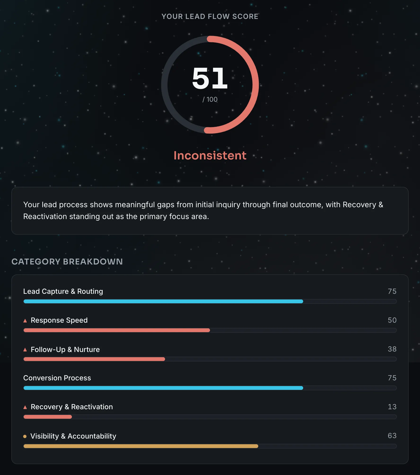 Example Lead Flow Audit report: an overall Lead Flow Score of 51 out of 100, rated Inconsistent, with a six-category breakdown.